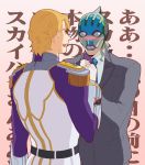  blonde_hair blue_eyes blush epaulettes formal grey_hair lunatic_(tiger_&amp;_bunny) male mask multiple_boys oresama-nanisama power_suit short_hair sky_high suit superhero tiger_&amp;_bunny yuri_petrov 