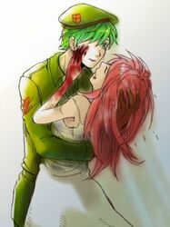  1girl blood closed_eyes couple dress eyes_closed flaky flippy gloves green_eyes green_hair happy_tree_friends hat hug injury long_hair military military_uniform red_hair redhead short_hair tears uniform 