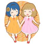  :d ^_^ blonde_hair blue_hair closed_eyes dress eyes_closed flower furutani_himawari hairband hand_holding holding_hands mary_janes oomuro_sakurako open_mouth shoes smile sunflower white_legwear young yuru_yuri 