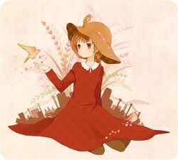  animal_on_head ayu_(mog) bad_id bird bird_on_head black_legwear braid brown_eyes brown_hair bucket_hat dress hat long_hair original outstretched_hand pantyhose power_lines red_dress ruchiru sitting solo tears telephone_pole 