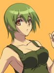  1girl breasts foo_fighters green_hair jojo_no_kimyou_na_bouken kanikame overalls short_hair sideboob solo yellow_eyes 
