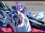 english french ichiyan japanese_clothes letterboxed long_hair miko original purple_eyes purple_hair solo violet_eyes weapon 