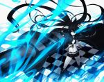  bikini_top black_gloves black_hair black_rock_shooter black_rock_shooter_(character) blue_eyes blue_fire boots checkered checkered_floor coat fire foreshortening garuku gloves glowing glowing_eye long_hair midriff navel pale_skin scar shorts solo standing sword twintails very_long_hair weapon 