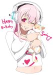  breasts cat happy_birthday headphones jewelry konoma large_breasts long_hair necklace nitroplus pink_eyes pink_hair simple_background solo sonico super_sonico sweater wink 