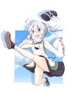  absurdres blue_eyes converse hat hat_removed headwear_removed highres japanese_clothes mononobe_no_futo open_mouth panties ponytail ribbon shoes short_hair silver_hair skirt smile sneakers solo soramuko tate_eboshi touhou underwear 