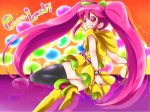  1girl aino_megumi blush boots chokokin cure_lovely happinesscharge_precure! high_heels hoodie jewelry lollipop_hip_hop long_hair magical_girl pink_hair precure red_eyes ribbon shoes smile stars thigh-highs twintails 