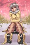  antennae boots breasts fishnet_pantyhose fishnets fur_trim grey_hair highres houtengeki insect_girl large_breasts long_sleeves monster_girl open_mouth original overcoat panties panties_over_pantyhose pantyhose pigeon-toed pigeon_toed red_eyes short_hair sitting skirt solo underwear upskirt 