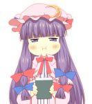  :t bangs blunt_bangs book bust hat holding holding_book long_hair looking_at_viewer oniku-chan patchouli_knowledge pout puffy_cheeks purple_eyes purple_hair solo touhou violet_eyes 