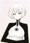  black_sclera bob_cut bodysuit bust face glados kei-chan_(atlas_kei) pale_skin personification portal portal_2 short_hair simple_background solo white_hair yellow_eyes 