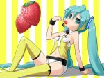  aqua_eyes aqua_hair arm_support bare_shoulders belt bracelet collar eating food fruit hatsune_miku headset jewelry long_hair navel necktie nekokana project_diva project_diva_2nd shorts sitting solo strawberry striped striped_background thigh-highs thighhighs twintails very_long_hair vocaloid vocaloid_(lat-type_ver) yellow yellow_(vocaloid) yellow_legwear 