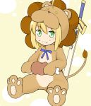  ahoge animal_costume blonde_hair boned_meat chibi excalibur fate/stay_night fate/unlimited_codes fate_(series) food green_eyes lion_costume meat saber_lion solo sword weapon yamase 