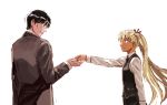  black_hair blonde_hair blue_eyes dark_skin formal gunslinger_girl hand_holding hillshire holding_hands long_hair short_hair smile suit triela vest victor_hillshire waistcoat 