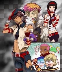  4boys bare_shoulders barnaby_brooks_jr black_hair blue_eyes blue_rose_(tiger_&amp;_bunny) bob_cut bowler_hat breasts brown_eyes brown_hair cabbie_hat chibi cosplay dark_skin dragon_kid earrings facial_hair facial_mark fingerless_gloves fire_emblem_(tiger_&amp;_bunny) fur_coat gloves goatee hairband hat headband highres huang_baoling jake_martinez jewelry kaburagi_t_kotetsu karina_lyle kriem kriem_(cosplay) lipstick mad_bear_(tiger_&amp;_bunny) makeup makune multicolored_hair multiple_boys multiple_girls nathan_seymour navel necktie needle okappa orange_hair ouroboros pink_hair shaded_face short_hair stuffed_animal stuffed_toy tattoo teddy_bear thread thumbs_up tiger_&amp;_bunny tongue toy two-tone_hair wink 