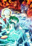  2girls ass bare_shoulders blue_eyes blue_hair blue_rose_(tiger_&amp;_bunny) cape chinese_clothes dark_skin detached_sleeves dragon_kid elbow_gloves electricity enmto fire fire_emblem_(tiger_&amp;_bunny) gloves glowing glowing_eyes green_hair hat huang_baoling ice karina_lyle mask multiple_girls nathan_seymour ponytail short_hair spandex superhero thigh-highs thighhighs tiger_&amp;_bunny 