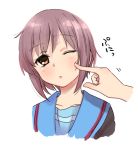 cardigan cheek_poke grey_hair nagato_yuki pine pointing poking school_uniform serafuku short_hair suzumiya_haruhi_no_yuuutsu wince wink 