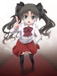  b-cat black_legwear blue_eyes brown_hair child fate/stay_night fate/zero fate_(series) hair_ribbon long_hair perspective point pointing ribbon solo thigh-highs thighhighs tohsaka_rin toosaka_rin twintails young zettai_ryouiki 