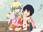  1boy 1girl blanket blue_hair closed_eyes core_drill couple drill eyes_closed multicolored_hair nia_teppelin paper simon sleeping smile taraku tengen_toppa_gurren_lagann two-tone_hair z 