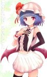  alternate_costume armpits bad_id bat_wings black_gloves black_legwear blue_hair capelet elbow_gloves gloves hand_on_hip hand_on_own_chest hand_to_chest hat hat_ribbon hips low_wings midriff navel red_eyes remilia_scarlet ribbon shirt single_glove skirt smile solo striped striped_gloves striped_legwear thigh-highs thighhighs touhou wings wrist_cuffs wrist_ribbon yodori zettai_ryouiki 