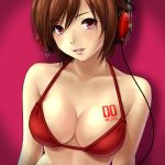  asami_(undoundo) bikini_top breasts brown_eyes brown_hair bust cleavage face headphones light_smile lips lipstick makeup meiko parted_lips red_eyes short_hair smile vocaloid 