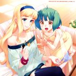  absurdres ahoge animal barefoot blonde_hair blue_eyes blush brown_eyes dress fujisawa_machi happy heart highres jewelry long_hair macross macross_frontier macrossky manicure multiple_girls nail_polish nail_polish_bottle necklace neckless ranka_lee sheryl_nome short_hair sleeping smile thighhighs 