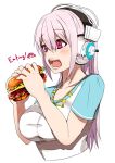  breasts food hamburger headphones konoma large_breasts long_hair nitroplus open_mouth pink_eyes pink_hair simple_background solo sonico super_sonico 
