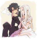  1girl black_hair cigarette couple dress emiya_kiritsugu facial_hair fate/stay_night fate/zero fate_(series) gift husband_and_wife irisviel_von_einzbern long_hair naritama_saty red_eyes saber stubble white_hair 