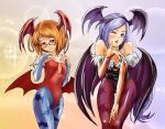  aono_miki bare_shoulders blown_kiss breasts bridal_gauntlets brown_eyes brown_hair cleavage cosplay curegolgom flat_chest fresh_precure! glasses hairband head_wings leaning_forward leotard lilith_aensland lilith_aensland_(cosplay) morrigan_aensland morrigan_aensland_(cosplay) multiple_girls pantyhose precure print_pantyhose purple_eyes purple_hair red-framed_glasses shirabe_ako short_hair suite_precure vampire_(game) violet_eyes wings wink 