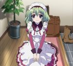  :) angelina_nanatsu_sewell green_hair highres kneel kneeling maid mashiroiro_symphony purple_eyes screencap smile solo 