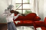  bow bow_(instrument) couch curtains email555 grey_hair hair_bow instrument long_hair male pale_skin ponytail scenery sheet_music solo tiger_&amp;_bunny violin window yuri_petrov 