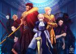  6+boys armor assassin_(fate/zero) avalon_(fate/stay_night) berserker_(fate/zero) book cape caster_(fate/zero) fate/stay_night fate/zero fate_(series) gae_buidhe gae_dearg gilgamesh lancer_(fate/zero) multiple_boys polearm rider_(fate/zero) rinbukyoku saber sheath sheathed smoke spear weapon 