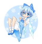  :3 bad_id bloomers blue_eyes blue_hair bobby_socks bow bowtie child cirno dress jigatei_(omijin) mary_janes omijin paw_pose shoes snowflakes socks solo tongue touhou white_legwear wings 