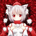  animal_ears bare_shoulders bust detached_sleeves hands_on_own_chest hat inubashiri_momiji leaf looking_at_viewer maple_leaf oohirakeisuke red_eyes scarf short_hair silver_hair smile solo tokin_hat touhou wolf_ears 