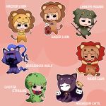  6+boys animal_costume assassin_(fate/zero) beard berserker_(fate/zero) boned_meat cape caster_(fate/zero) cat cat_costume chibi cthulhu dog dog_costume earrings facial_hair fate/stay_night fate/zero fate_(series) food gilgamesh highres jewelry lancer_(fate/zero) lion lion_costume mask meat mole multiple_boys necklace nekoarc ogachin polearm rider_(fate/zero) saber saber_lion sparkle spear spears tsukihime weapon wolf wolf_costume 