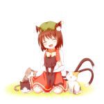  :3 animal_ears bita blush brown_hair cat cat_ears cat_tail chen closed_eyes earrings eyes_closed fang hat hug jewelry kneeling multiple_tails short_hair smile solo tail touhou |_| 