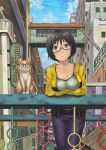  bespectacled black_eyes black_hair blue-framed_glasses blue_sky breasts camisole cat city collarbone copyright_request crossed_arms glasses hashi highres jeans leaning_forward railing red-framed_glasses scenery short_hair sky 