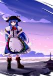 1girl blue_hair boots chipika cloud east_asian_architecture food fruit hat highres hinanawi_tenshi long_hair peach red_eyes sky solo touhou 