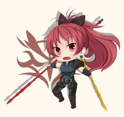  blacklolicon bow chibi command_spell cosplay creator_connection dual_wielding fang fate/stay_night fate/zero fate_(series) gae_buidhe gae_dearg hair_bow lancer_(fate/zero) lancer_(fate/zero)_(cosplay) long_hair mahou_shoujo_madoka_magica parody polearm ponytail red_eyes red_hair redhead sakura_kyouko sevendayswar solo spear urobuchi_gen weapon weapon_connection 