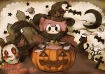  akafuji bat cape cat charlotte_(madoka_magica) crescent_moon halloween happy_halloween hat jack-o&#039;-lantern jack-o'-lantern mahou_shoujo_madoka_magica moon multicolored_eyes no_humans pyotr_(madoka_magica) scarf star tongue witch_hat 