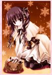  absurdres bell blush bow brown_hair capelet copyright_request drill_hair frills hair_ribbon harukaze_setsuna highres kneeling lolita_fashion long_hair pantyhose red_eyes ribbon snowflakes solo tinker_bell twintails 