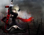  blonde_hair breasts cleavage dark_excalibur dress fate/hollow_ataraxia fate/stay_night fate/unlimited_codes fate_(series) field_of_blades garter_straps gothic_lolita kneeling lolita_fashion saber saber_alter solo thigh-highs thighhighs windtalker yellow_eyes 