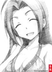  ^_^ bare_shoulders breasts cleavage closed_eyes eyes_closed gofu idolmaster long_hair miura_azusa monochrome open_mouth sketch smile solo traditional_media 