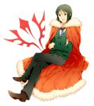  asababa bangs cape crossed_arms fate/stay_night fate/zero fate_(series) green_eyes green_hair highres male necktie parted_bangs short_hair simple_background sitting solo waver_velvet 