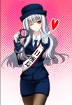  cosplay cuffs gloves handcuffs hat heart idolmaster miri_(roll) necktie pantyhose pointing police police_officer police_uniform policewoman purple_eyes shijou_takane smile solo uniform violet_eyes wink 