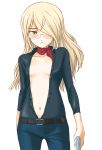  belt blonde_hair blush flat_chest glasses gun hair_over_one_eye jeans long_hair miritsu mirutsu_(milts) navel no_bra open_clothes open_shirt perrine_h_clostermann pistol shirt simple_background solo strike_witches torn_clothes weapon yellow_eyes 