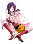  1girl boots breasts chobiichi christmas eyepatch fur_trim genderswap gundam gundam_00 haro high_heels knee_boots large_breasts lockon_stratos lockon_stratos_(cosplay) long_hair male nail_polish over_shoulder panties purple_hair red_eyes sack santa_costume shoes solo spread_legs tieria_erde trap underwear 