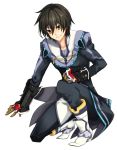 black_hair brown_eyes gauntlets highres jude_mathis kmikan male solo squatting tales_of_(series) tales_of_xillia white_background 