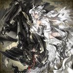  1girl armor black_hair black_vs_white blue_eyes cape epic gauntlets gloves helmet highres long_hair male personification pokemon pokemon_(game) pokemon_black_and_white pokemon_bw rapier reshiram sanbonzakura sword very_long_hair weapon white_hair wings zekrom 