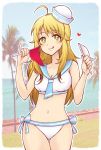  1girl :q ahoge bikini blonde_hair breasts cleavage dixie_cup_hat flag green_eyes hat heart hoshii_miki idolmaster idolmaster_(classic) long_hair navel palm_tree pinky_out sailor_collar sailor_hat sailor_swimsuit_(idolmaster) side-tie_bikini solo stmp swimsuit thigh_gap tongue tree 