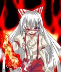  artist_request blood blood_on_face bow burning_hand crazy fangs fire flaming_hand fujiwara_no_mokou hair_bow highres long_hair long_sleeves purple_eyes red suspenders touhou violet_eyes white_hair 