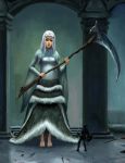  barefoot crossbreed_priscilla dark_souls feet fur giantess horns long_hair priscilla_the_crossbreed scythe shield size_difference sword tail toes weapon white_hair 